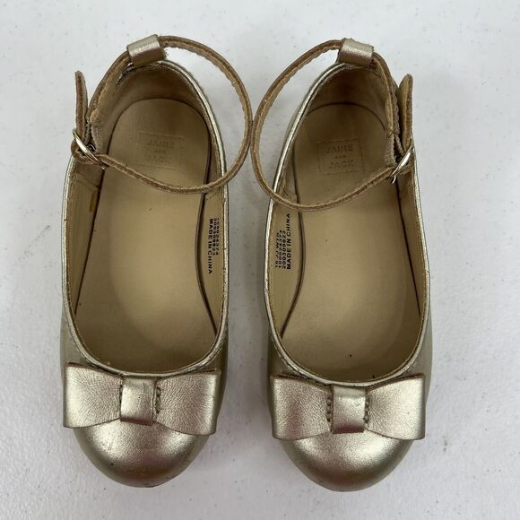 Janie and Jack Size 8 Gold Metallic Bow Ballet Flats Ankle Straps W Buckles - Picture 4 of 14